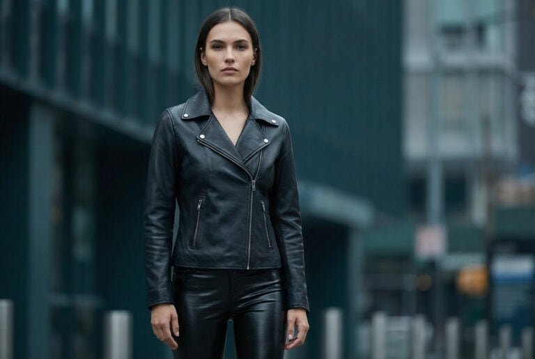 Woman wearing a black leather jacket on the city streets