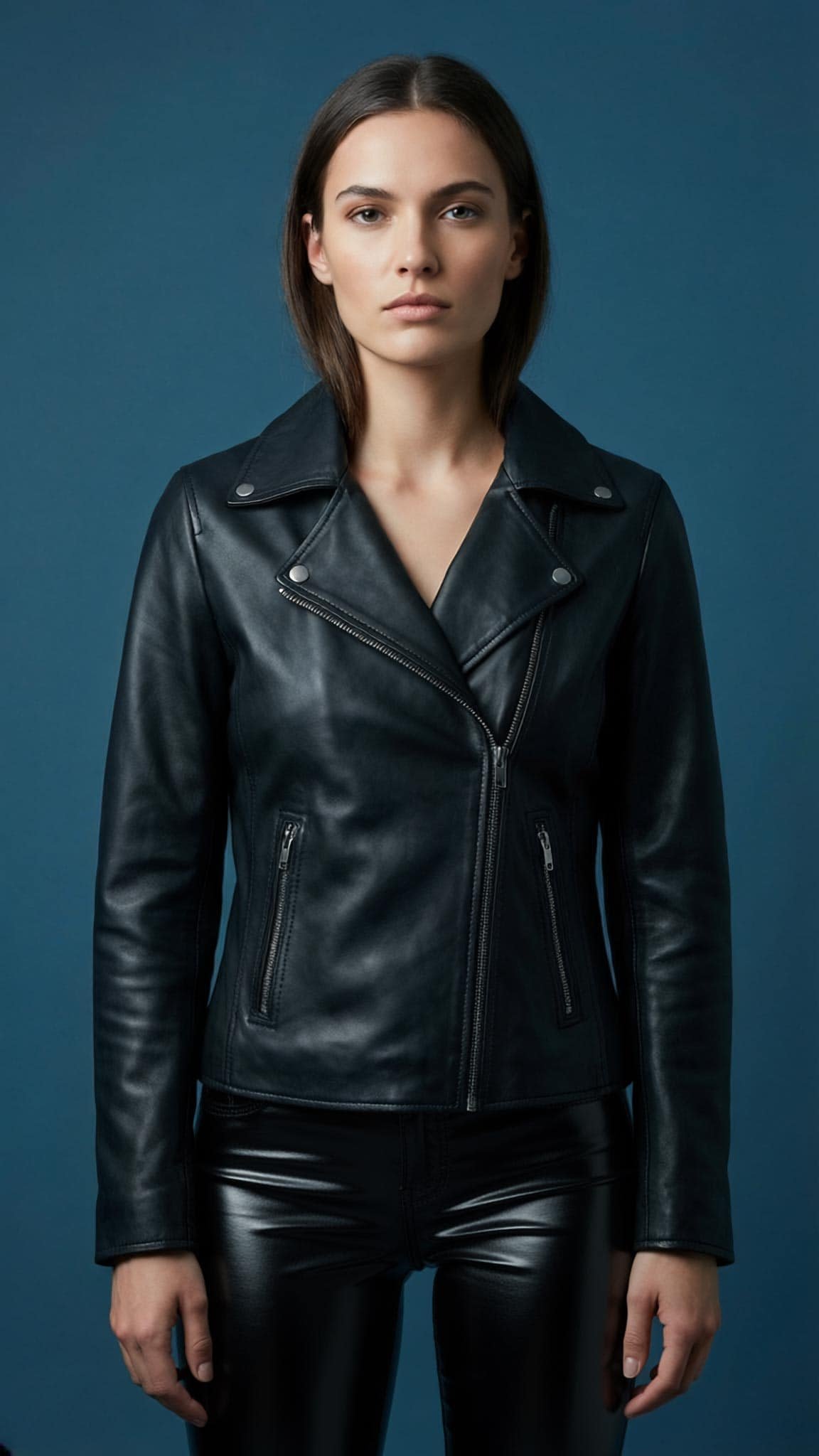 black-leather-jacket-model1 a model wearing a womens black leather jacket