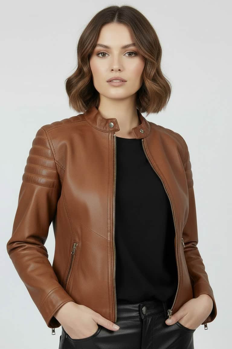 brown-leather-jacket-showcase model up close wearing a brown leather jacket with a black t-shirt underneath