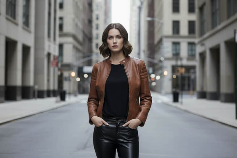woman wearing a brown leather jacket in a new york street, background is blurred