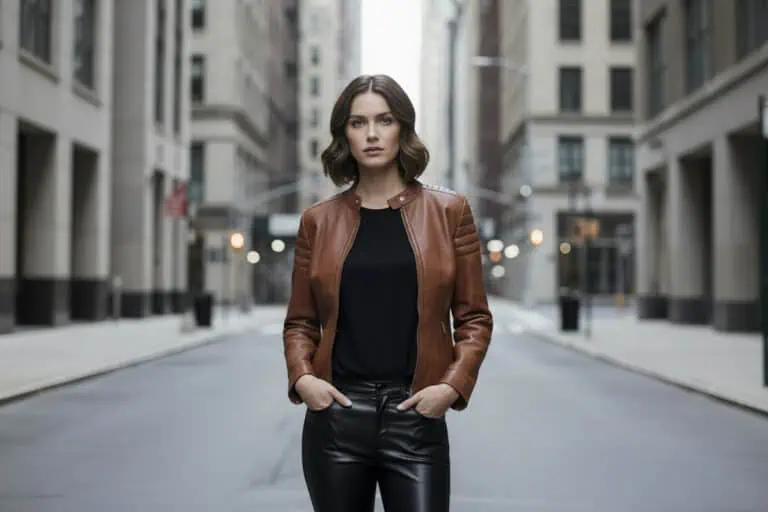 woman wearing a brown leather jacket in a new york street, background is blurred