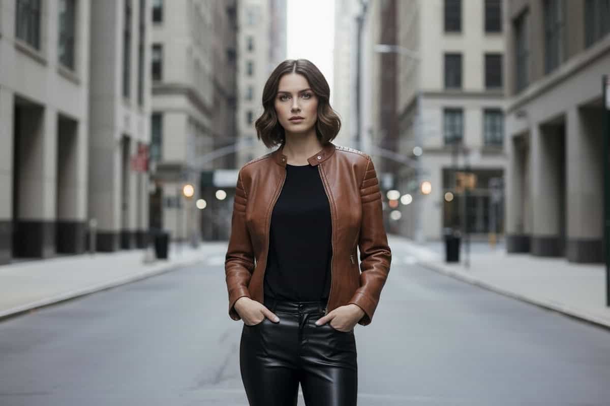 woman wearing a brown leather jacket in a new york street, background is blurred