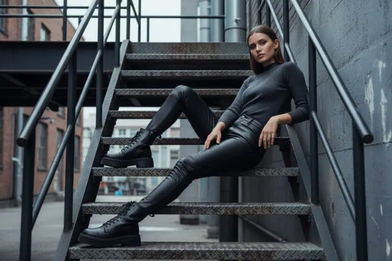 female model posed on an outdoor industrial metal staircase. Weathered steel steps and railings with worn paint and subtle rust textures. Urban, utilitarian setting with muted surroundings. The model is wearing black leather trousers, chunky black leather boots, and a fitted dark top. Relaxed but confident pose, legs extended, body slightly reclined. Cool, desaturated colour palette with blues, greys, and steel tones. Overcast natural light, soft shadows, calm atmosphere. Editorial fashion style, modern, understated, high-resolution, magazine-quality photography.