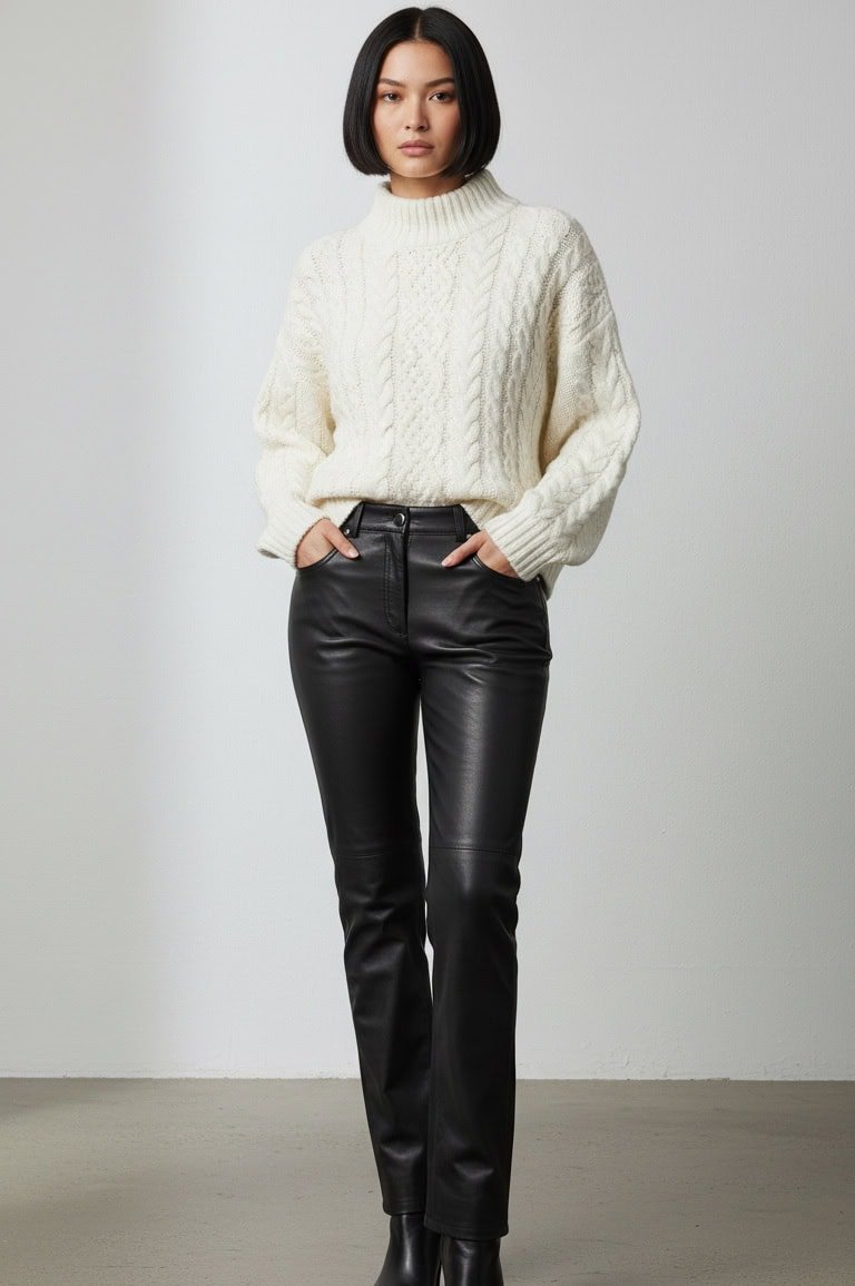 daily-edits-product-image-leather-trousers woman wearing leather trousers and a white jumper