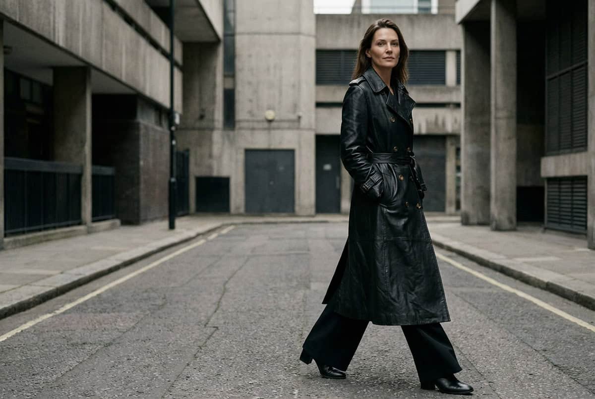 -fashion-editorial-photograph-leather-coat woman walking in an empty street wearing a leather jacket