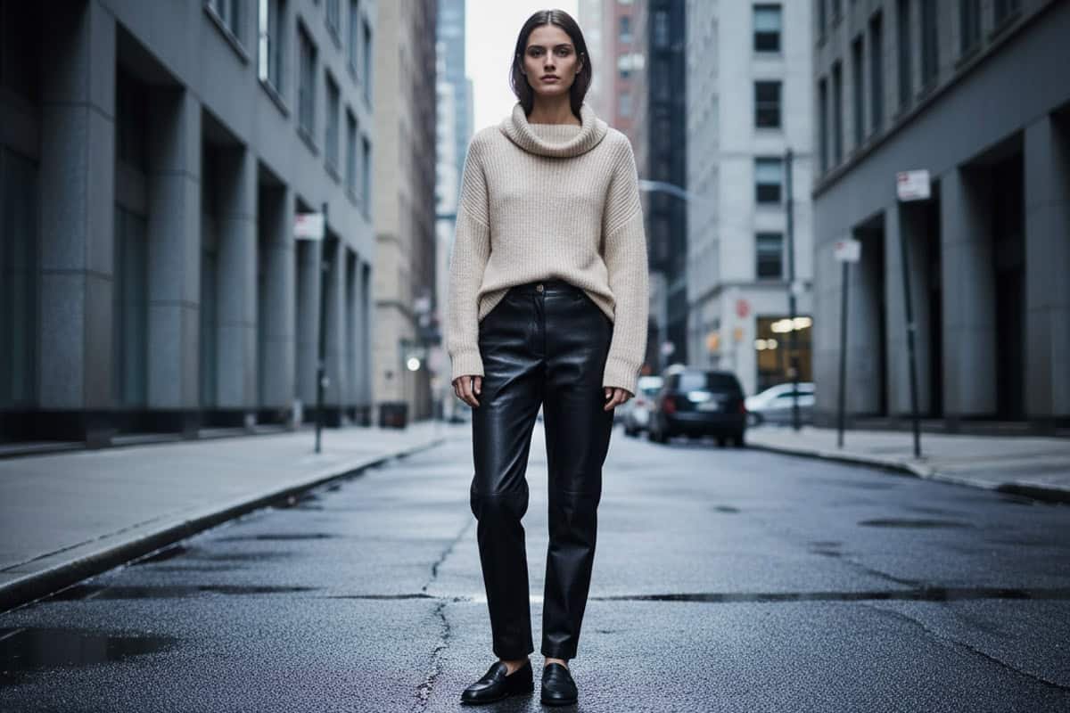 woman-new-york-street-black-leather-trousers Mid-length fashion editorial photograph of a female model standing casually on a quiet city pavement. She is wearing black leather trousers styled with a soft neutral knit and simple flat shoes. Urban New York–style surroundings with muted grey and blue tones, concrete buildings, and minimal street detail. Calm, natural posture, hands relaxed, no dramatic pose. Overcast daylight with soft, diffused lighting. Subtle textures, restrained colour palette, understated modern fashion editorial style. High-resolution, clean composition, magazine-quality photography.